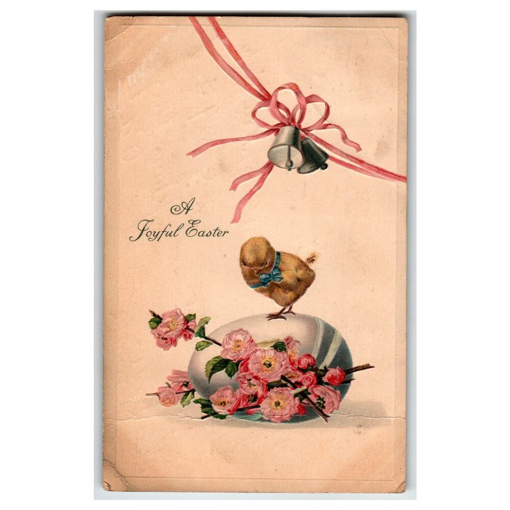 Antique 1910 Easter Postcard Chick Bells Egg Flowers Embossed Vintage